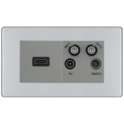 BG Screwless Polished Chrome 4G Faceplate with HDMI + TV/FM/SAT Module - Grey by British General (BG-FPCEMR4-HDMI-TVFM2G)
