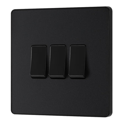 BG Evolve Matt Black 3 Gang 20A 16AX 2 Way Light Switch PCDMB43B with 35mm Steel Back Box