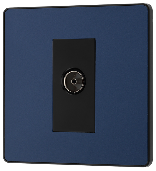 PCDDB60B Front - This Evolve Matt Blue single coaxial socket from British General can be used for TV or FM aerial connections. This socket has a low profile screwless flat plate that clips on and off, making it ideal for modern interiors.