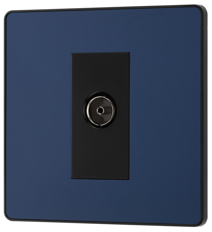 PCDDB60B Front - This Evolve Matt Blue single coaxial socket from British General can be used for TV or FM aerial connections. This socket has a low profile screwless flat plate that clips on and off, making it ideal for modern interiors.