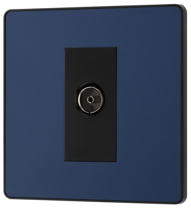 PCDDB60B Front - This Evolve Matt Blue single coaxial socket from British General can be used for TV or FM aerial connections. This socket has a low profile screwless flat plate that clips on and off, making it ideal for modern interiors.