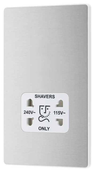 BG PCDBS20W Brushed Steel Evolve 115-240V Dual Voltage Shaver Socket - White Insert by British General (BG-PCDBS20W-Shopify-SA_1)