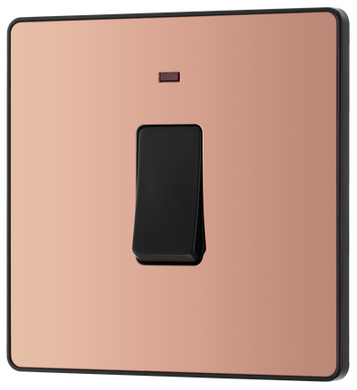 PCDCP31B Front - This Evolve Polished Copper 20A double pole switch with indicator from British General has been designed for the connection of refrigerators, water heaters, central heating boilers and many other fixed appliances.