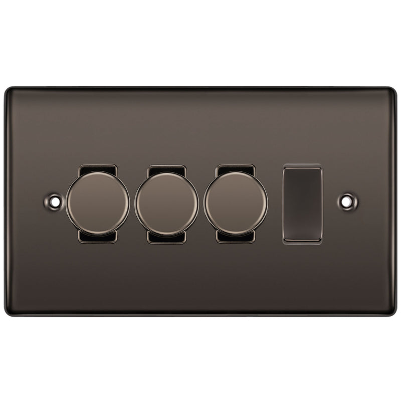 BG Black Nickel 4 Gang Light Switch 3x Trailing Edge LED Dimmer 1x 2 Way Custom Switch