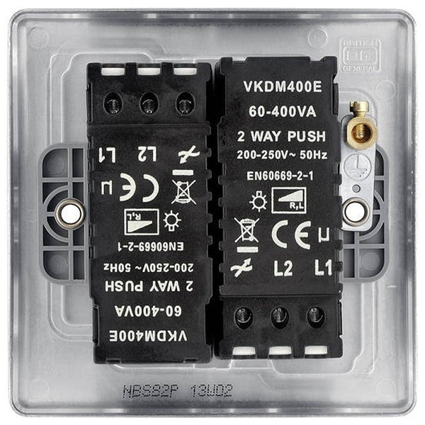 NBS82P Back - The BG NBS82P is a 2 gang, 2 way dimmer switch, capable of switching loads of up to 400W. It is part of the Nexus range and has a brushed steel finish.