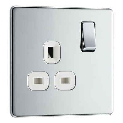 BG Screwless Polished Chrome 13A Single Switched Socket FPC21W with 35mm Steel Back Box