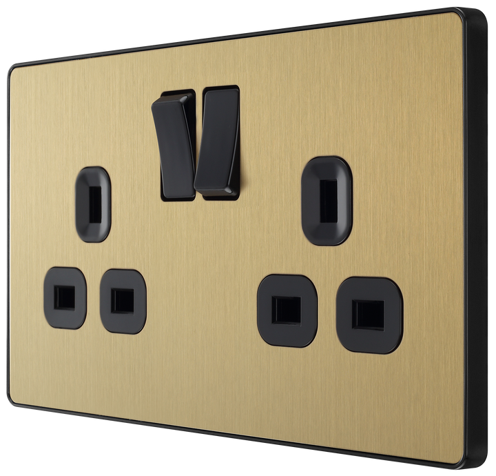 PCDSB22B Front - This Evolve Satin Brass 13A double switched socket from British General has been designed with angled in line colour coded terminals and backed out captive screws for ease of installation, and fits a 25mm back box making it an ideal retro-fit replacement for existing sockets.