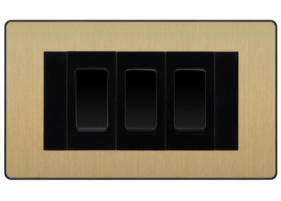 BG Evolve Satin Brass 3 Gang Intermediate Light Switch Custom Grid - Black Insert