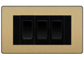 BG Evolve Satin Brass 3 Gang Intermediate Light Switch Custom Grid - Black Insert