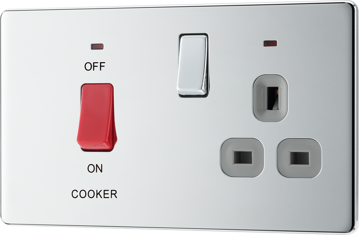 FPC70G Front - This 45A cooker control unit from British General includes a 13A socket for an additional appliance outlet and has flush LED indicators above the socket and switch.