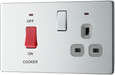 FPC70G Front - This 45A cooker control unit from British General includes a 13A socket for an additional appliance outlet and has flush LED indicators above the socket and switch.