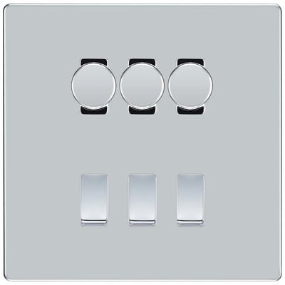 BG Screwless Polished Chrome 6 Gang Switch 3x Trailing Edge LED Dimmer 3x 2Way Custom Switch by British General (BG-SCRL-PC-6G-CUSTOM-3x-Dimmer-3x-2WAY)