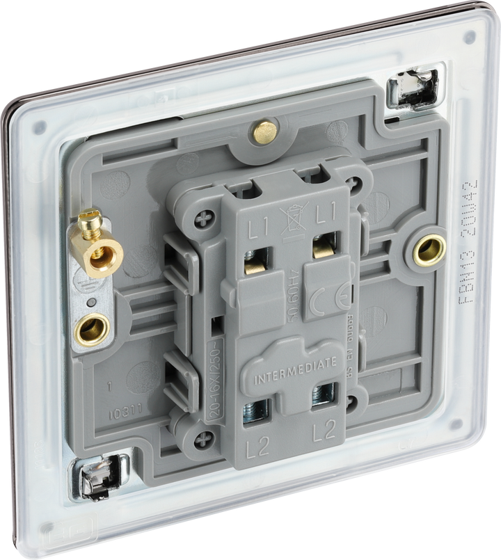  FBN13 Side - This Screwless Flat plate black nickel finish 20A 16AX intermediate light switch from British General should be used as the middle switch when you need to operate one light from 3 different locations such as either end of a hallway and at the top of the stairs.