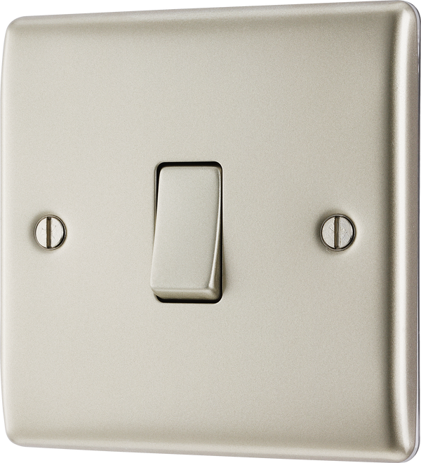 NPR12 Front - This pearl nickel finish 20A 16AX single light switch from British General will operate one light in a room. The 2 way switching allows a second switch to be added to the circuit to operate the same light from another location (e.g. at the top and bottom of the stairs).