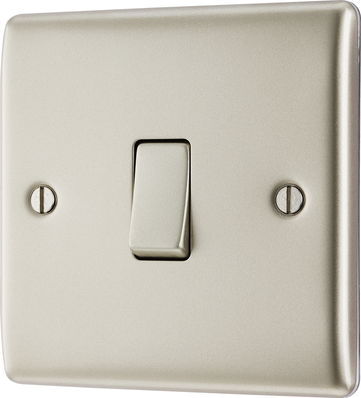 NPR12 Front - This pearl nickel finish 20A 16AX single light switch from British General will operate one light in a room. The 2 way switching allows a second switch to be added to the circuit to operate the same light from another location (e.g. at the top and bottom of the stairs).