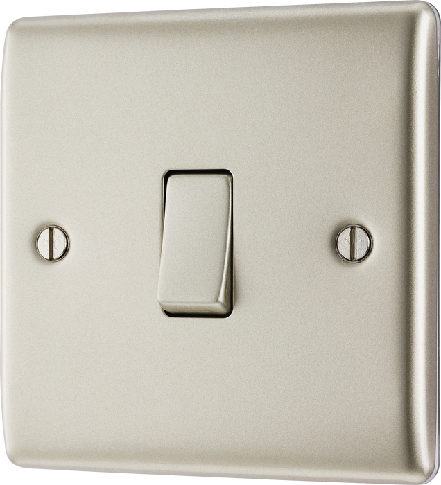 NPR12 Front - This pearl nickel finish 20A 16AX single light switch from British General will operate one light in a room. The 2 way switching allows a second switch to be added to the circuit to operate the same light from another location (e.g. at the top and bottom of the stairs).