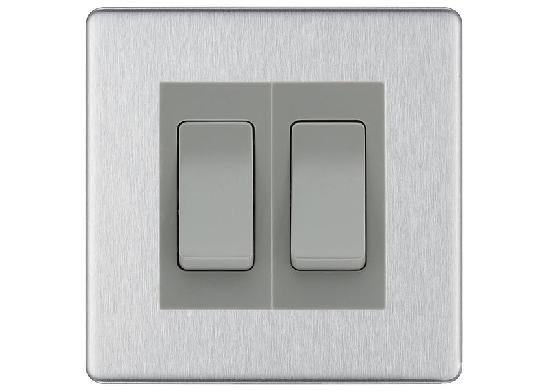 BG Screwless Brushed Steel 2-Gang Light Switch 1x 2-Way + 1x Intermediate – Grey Inserts
