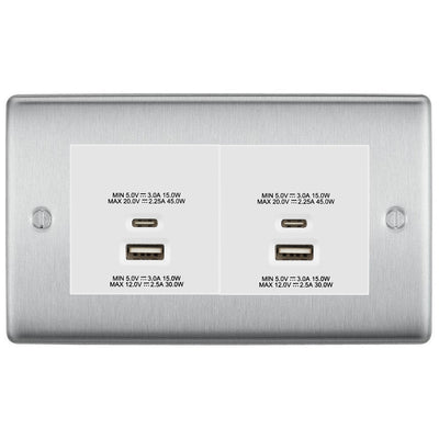BG Brushed Steel 4G Euro Plate with 45W USB A+C Charger Modules - White Insert by British General (BG-NBSEMR4+EMUSBAC45W)