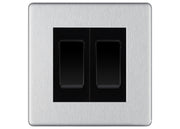 BG Brushed Steel 2 Gang Intermediate Light Switch Custom Grid – Black Insert by British General (BG-SCRL-BS-2G-Combo-2x INT-BL)