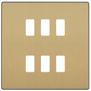 BG RPCDSB6B Evolve Grid Satin Brass 6 Module Square Front Plate - Black Trim by British General (BG-RPCDSB6B-Shopify-SA_1)