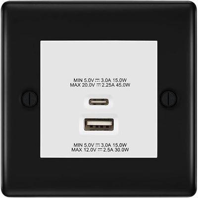 BG Nexus Matt Black 45W USB Wall Socket Euro Module USB-A & C - White Insert by British General (BG-NFBEMS2+EMUSBAC45W)