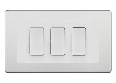 BG Brushed Steel Screwless 3 Gang 20AX 2-Way Switch Custom Grid - White Insert