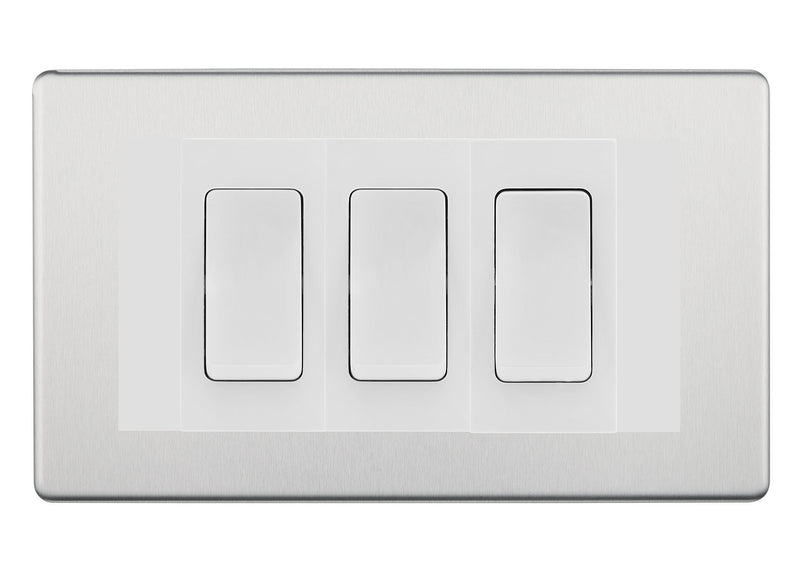 BG Brushed Steel Screwless 3 Gang 20AX 2-Way Switch Custom Grid - White Insert
