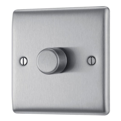 BG Nexus Brushed Steel 200W 2 Way Trailing Edge Single Dimmer Switch NBS81 with 35mm Steel Back Box