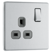 Newlec British General FBS21G Nexus Flatplate Screwless Brushed Steel 1 Gang 13A 2 Pole Switched Socket