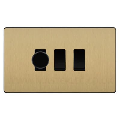 BG Evolve Satin Brass 3 Gang Light Switch Grid – 1x Trailing-Edge LED Dimmer, 1x Intermediate, 1x 2-Way Switch by British General (BG-Evolve-SB-3G-1x-Dimmer-1x-INT-1x-2Way)