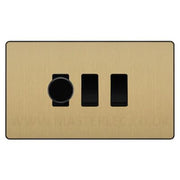 BG Evolve Satin Brass 3 Gang Light Switch Grid – 1x Trailing-Edge LED Dimmer, 1x Intermediate, 1x 2-Way Switch by British General (BG-Evolve-SB-3G-1x-Dimmer-1x-INT-1x-2Way)