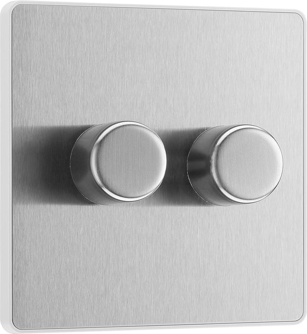 BG PCDBS82W Brushed Steel Evolve 2 Gang 200W Intelligent Trailing Edge Dimmer Switch - White Insert