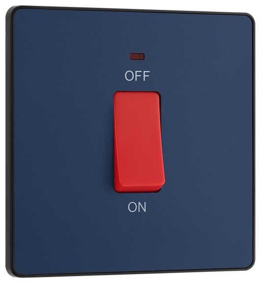 PCDDB74B Front -This Evolve Matt Blue 45A double pole switch with indicator from British General is ideal for use with cookers and ovens. This switch has a low profile screwless flat plate that clips on and off, making it ideal for modern interiors.