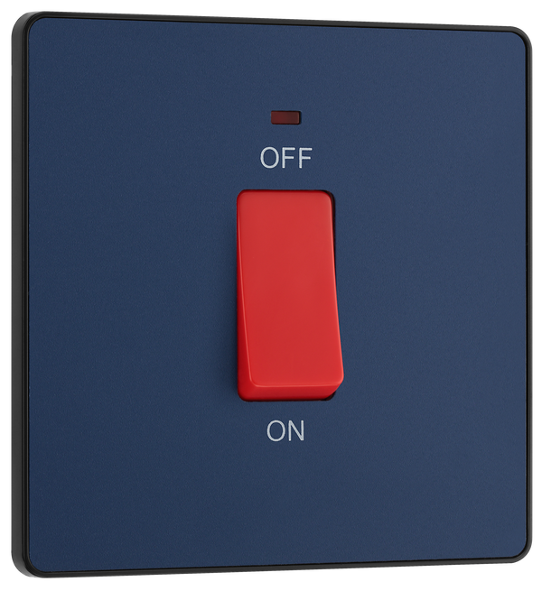 PCDDB74B Front -This Evolve Matt Blue 45A double pole switch with indicator from British General is ideal for use with cookers and ovens. This switch has a low profile screwless flat plate that clips on and off, making it ideal for modern interiors.