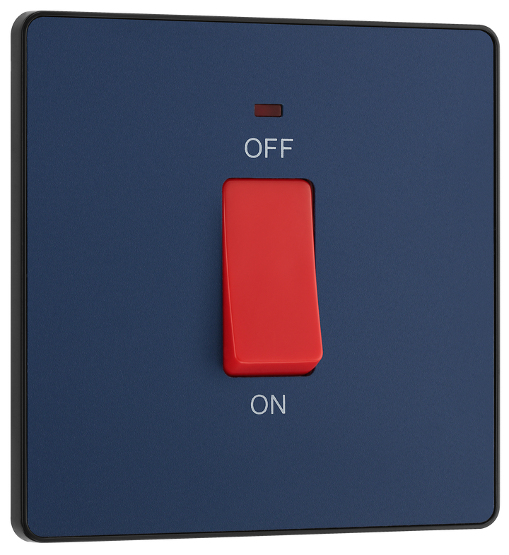 PCDDB74B Front -This Evolve Matt Blue 45A double pole switch with indicator from British General is ideal for use with cookers and ovens. This switch has a low profile screwless flat plate that clips on and off, making it ideal for modern interiors.