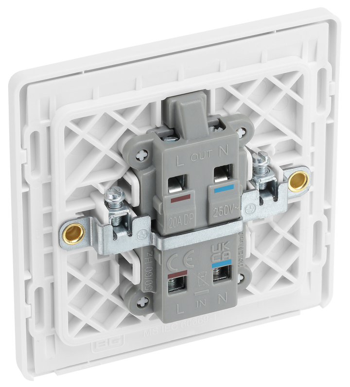 PCDBS31W Back - This Evolve Brushed Steel 20A double pole switch with indicator from British General has been designed for the connection of refrigerators, water heaters, central heating boilers and many other fixed appliances.