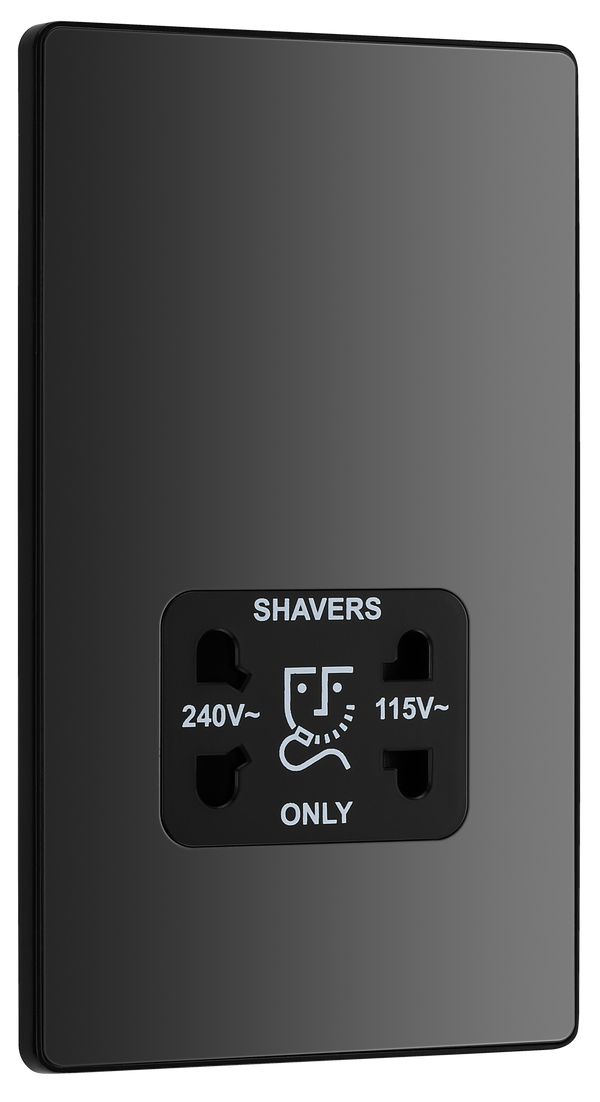 PCDBC20B Front - This Evolve Black Chrome dual voltage shaver socket from British General is suitable for use with 240V and 115V shavers and electric toothbrushes.