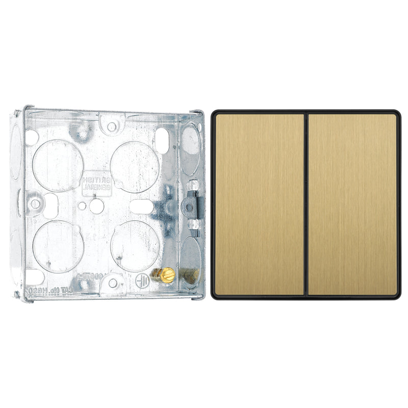 BG Evolve Satin Brass 2 Way Double Edge to Edge Rocker Switch PCDSB42EB with 25mm Steel Back Box
