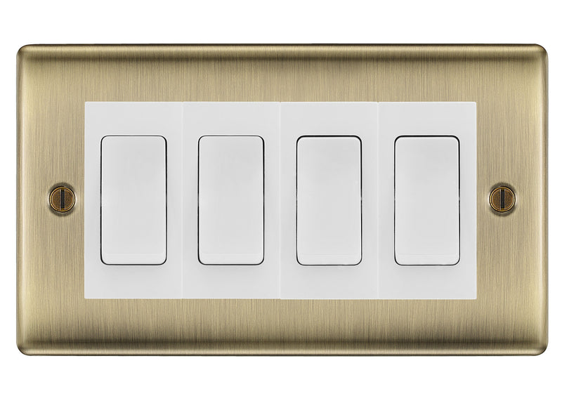 BG Nexus Antique Brass 4 Gang Intermediate Light Switch Custom Grid - White Insert