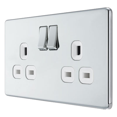 BG Screwless Polished Chrome 13A Double Switched Socket FPC22W with 25mm Steel Back Box