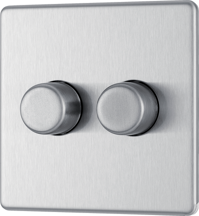 BG Electrical FBS82 Nexus Flatplate Screwless Brushed Steel 2 Gang 200W 2 Way Trailing-Edge Push Dimmer Switch