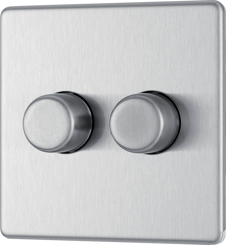 FBS82 Front - This trailing edge double dimmer switch from British General allows you to control your light levels and set the mood. The intelligent electronic circuit monitors the connected load and provides a soft-start with protection against thermal