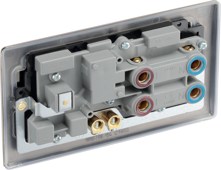 NAB70B Back - This 45A cooker control unit from British General includes a 13A socket for an additional appliance outlet, and has flush LED indicators above the socket and switch.