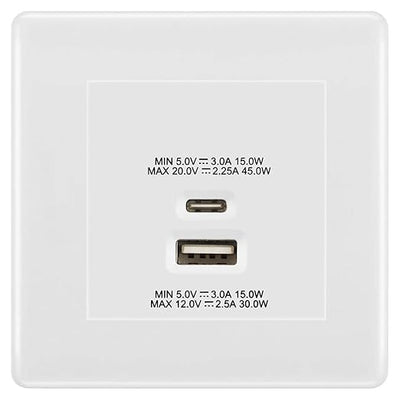 BG Nexus White 45W USB Wall Socket Euro Module USB-A & C - White Insert by British General (BG-8EMS2+EMUSBAC45W)
