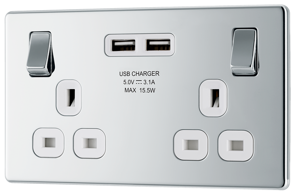 FPC22U3W Front - This completely screwless and  flat plate 13A double power socket from British Generslimlineal comes with two USB charging ports, allowing you to plug in an electrical device and charge mobile devices simultaneously without having to sacrifice a power socket.