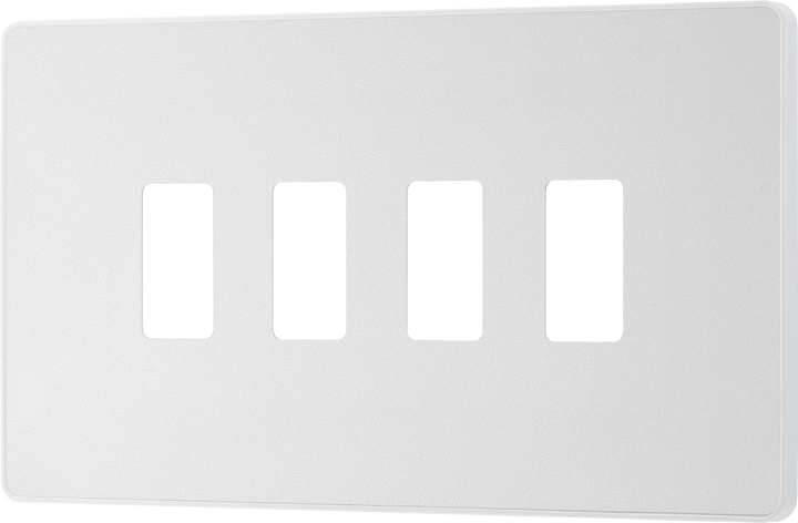 RPCDCL4W Front - The Grid modular range from British General allows you to build your own module configuration with a variety of combinations and finishes. This pearlescent white finish Evolve front plate clips on for a seamless finish, and can accommodate 4 Grid modules - ideal for switches and other domestic applications.