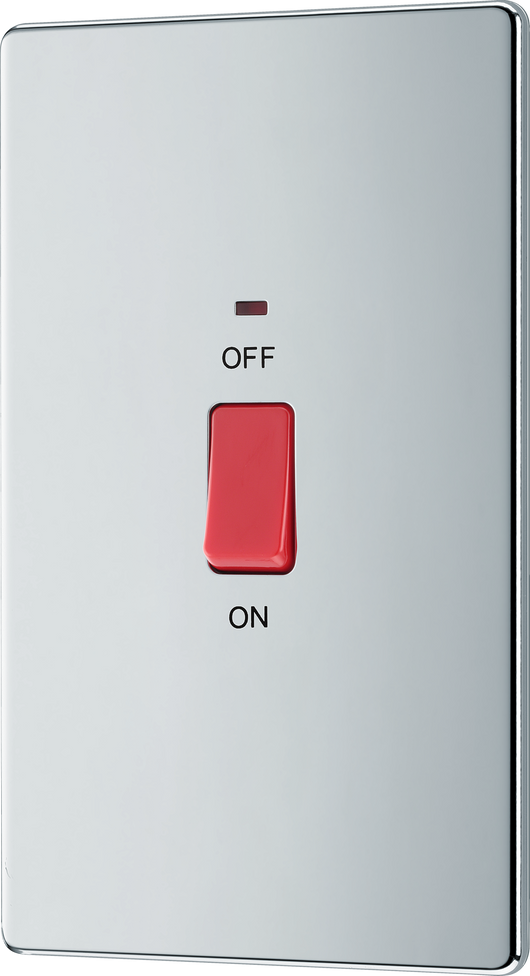 FPC72 Front - This 45A double pole switch with indicator from British General is ideal for use with cookers and has a large mounting plate measuring 146mm high x 86mm wide.