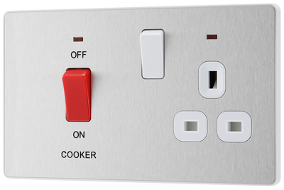 BG PCDBS70W Brushed Steel Evolve 45A 2 Pole Cooker Control Unit 13A Switched Socket - White Insert