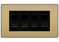 BG Evolve Satin Brass 4-Gang Light Switch 3x 2-Way + 1x Intermediate – Black Inserts