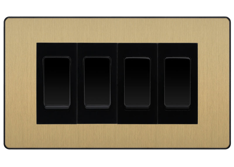 BG Evolve Satin Brass 4-Gang Light Switch 3x 2-Way + 1x Intermediate – Black Inserts
